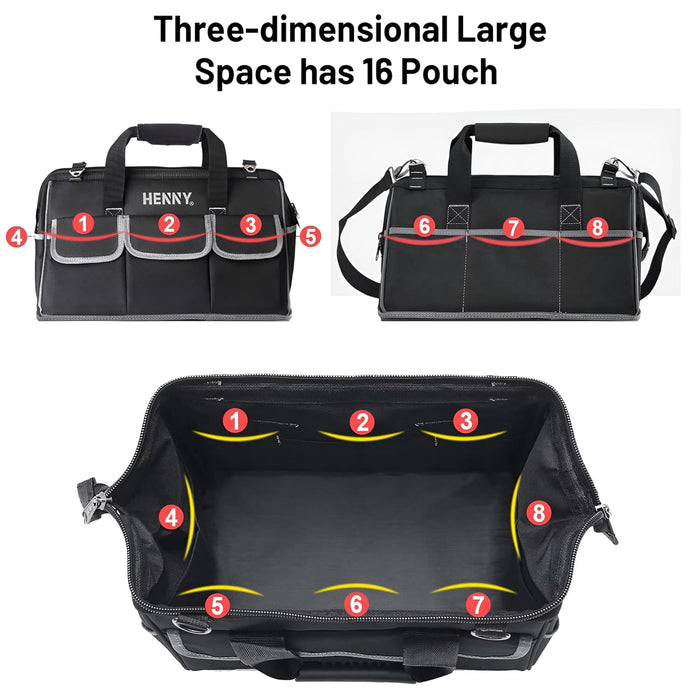 18-Inch Heavy Duty Tool Bag – 16 Pocket Waterproof Electrician & Technician Storage Organizer with Shoulder Strap