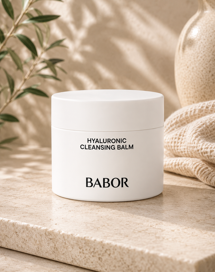 BABOR Hyaluronic Cleansing Balm auf elegantem beigem Spa-Hintergrund – luxuriöser Reinigungsbalsam mit Hyaluronsäure zur sanften Make-up-Entfernung und intensiven Feuchtigkeitsversorgung der Haut.