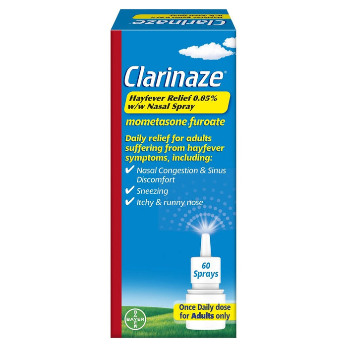 Clarinaze Allergy Control 0.05% Nasal Spray 60 Sprays box in blue with red stripe, white nasal spray bottle, on white background.