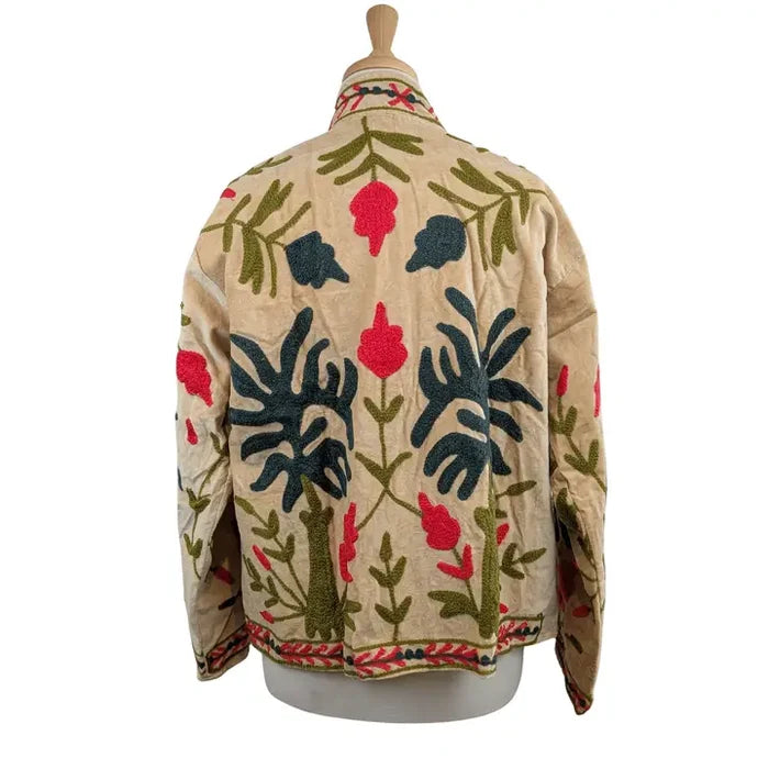 Cream & Blue Velvet Suzani Kimono Embroidered Boho Jacket - Precious Sparkle