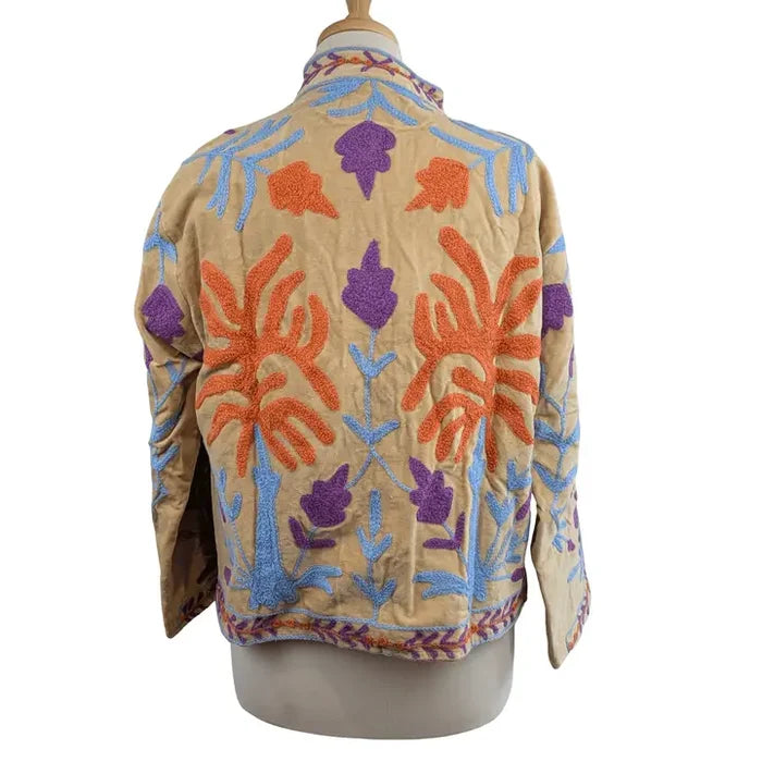 Cream & Lilac Velvet Suzani Kimono Embroidered Boho Jacket - Precious Sparkle