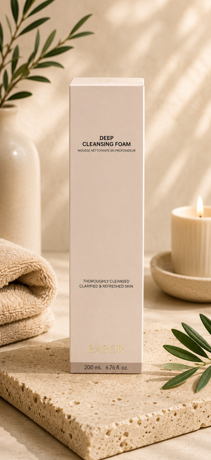 BABOR Deep Cleansing Foam in eleganter heller Verpackung vor modernem Spa-Hintergrund mit Naturstein, warmen Beige- und Cremetönen sowie stilvollen Wellness-Elementen. Hochwertige Beauty-Produktinszenierung mit cleanem Luxus-Look und entspannender Spa-Atmosphäre