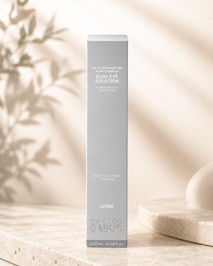DOCTOR BABOR Dual Eye Solution Augenpflege mit modernem Luxus-Design auf elegantem beigem Hintergrund – hochwertige Anti-Aging Augencreme und Gel gegen Falten, Schwellungen und müde Augen.