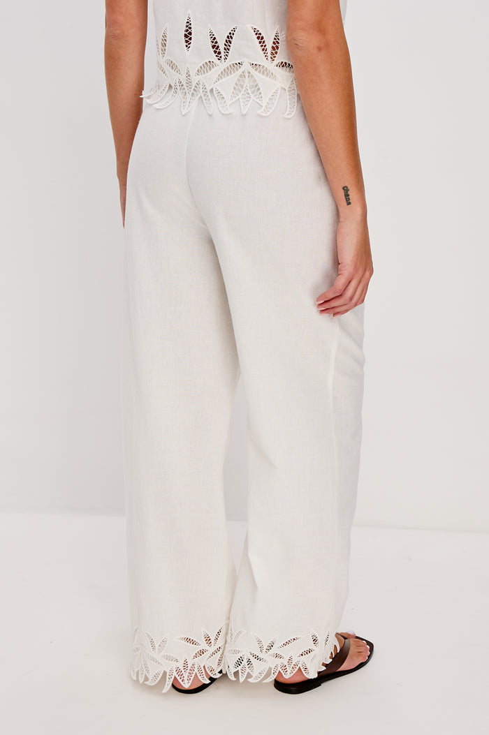 Emmie Straight Leg Pant with Adjustable Drawstring at Waist in White Palm Embroidery Colorway. Back View Shown on Model.