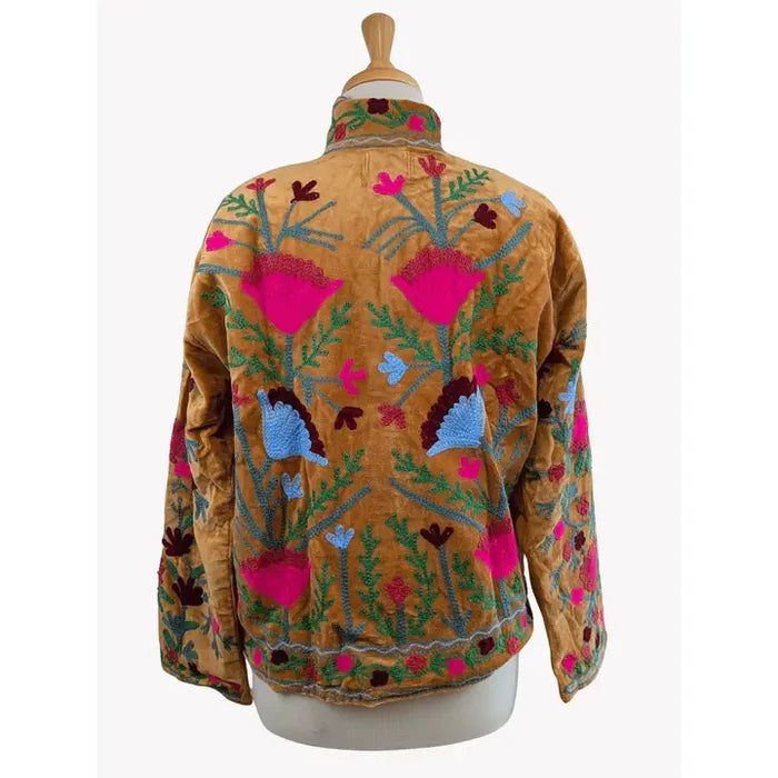 Gold & Fuchsia Velvet Suzani Kimono Embroidered Boho Jacket - Precious Sparkle