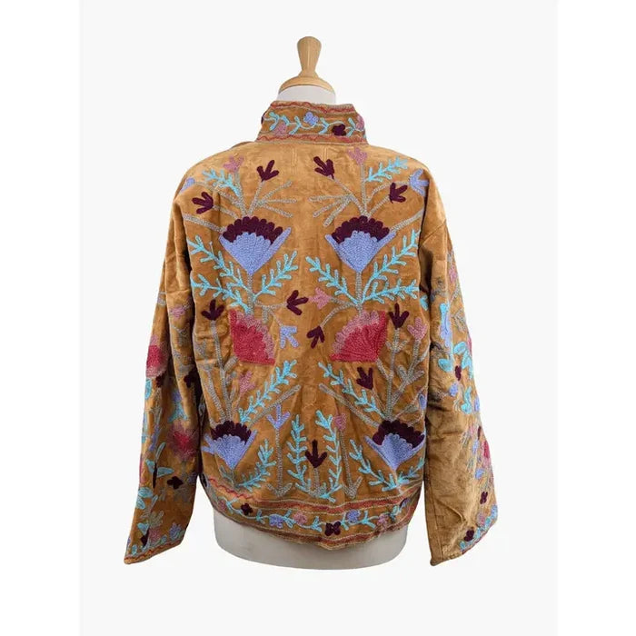 Gold & Lilac Velvet Suzani Kimono Embroidered Boho Jacket - Precious Sparkle