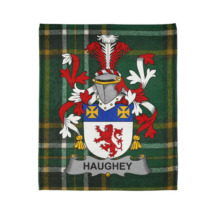 Haughey Family Crest on Green Plaid Blanket Design