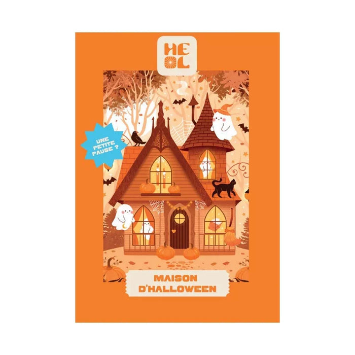Illustration of a whimsical Halloween house with pumpkins, ghosts, bats, and a black cat among autumn trees. French text reads "Maison d’Halloween". Maison d’Halloween | 99 Piece Jigsaw Puzzle by Heol Editions—perfect for festive fun!.