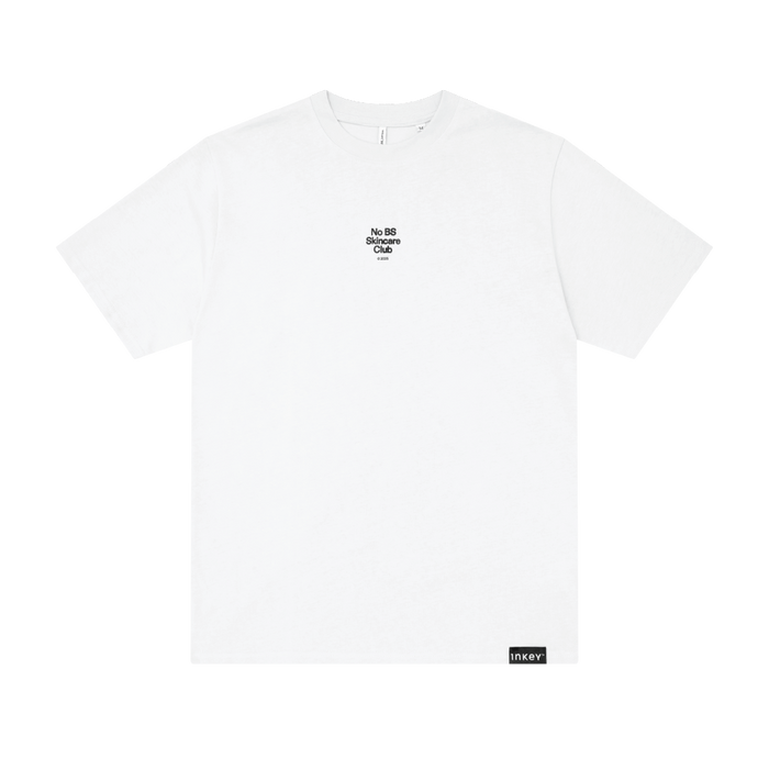 White t-shirt with black text and logo on a white background