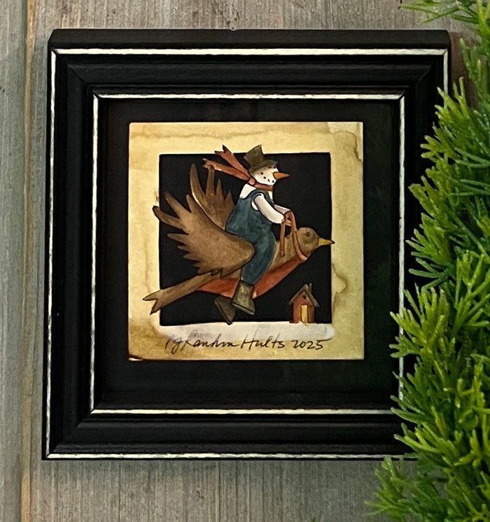 PJH-414 Snowman on Robin Framed Paper Cutting