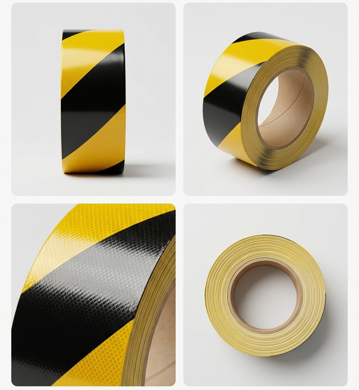 High-Vis Industrial Tape with black and yellow stripes on a white background
