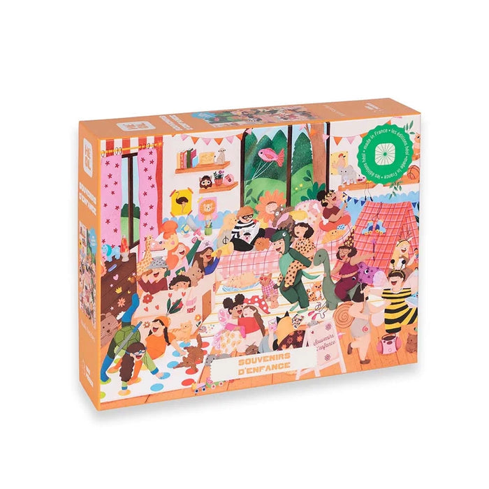 The Heol Editions "Souvenirs d’Enfance" 1,000 piece jigsaw puzzle features a vibrant illustrated scene of children at play in a decorated room, providing a nostalgic and charming challenge for all ages.