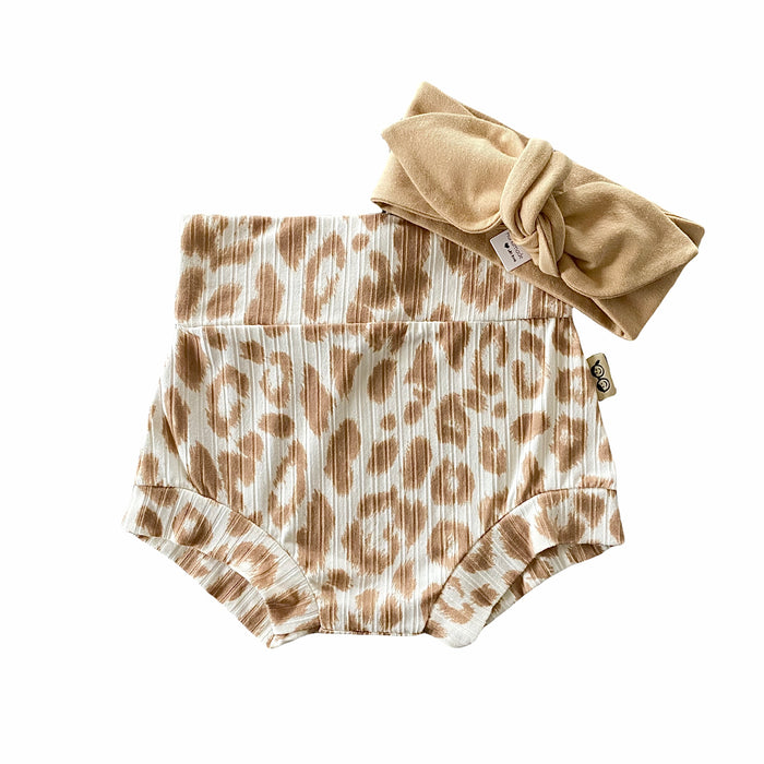 Taupe Cream Leopard Ribbed Bummies with Camel Headband