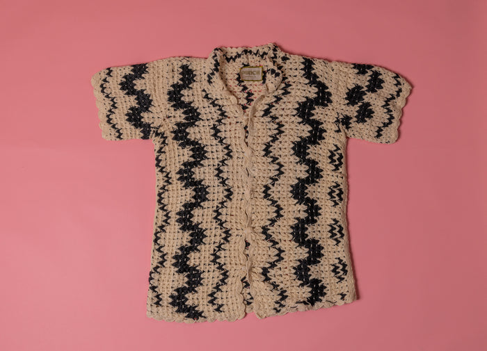 TROPICAL PUNCH Crochet Button-Down-Black/White