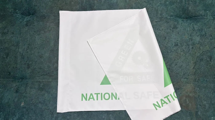 White Satin National Safety Week Flag | 3.5ft x 2ft Light Green Screen Printed Safety Flag | Premium Satin Cloth Banner