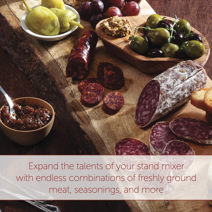 Fruit and meat on board with description of what grinder can do