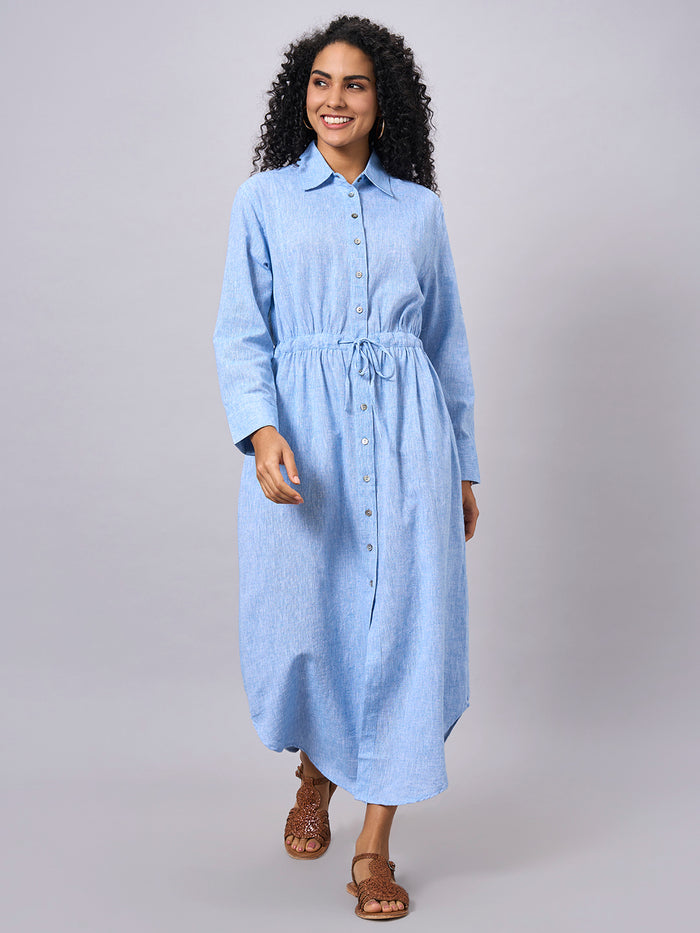 Women's Cotton Linen Regular Fit Dress Blue