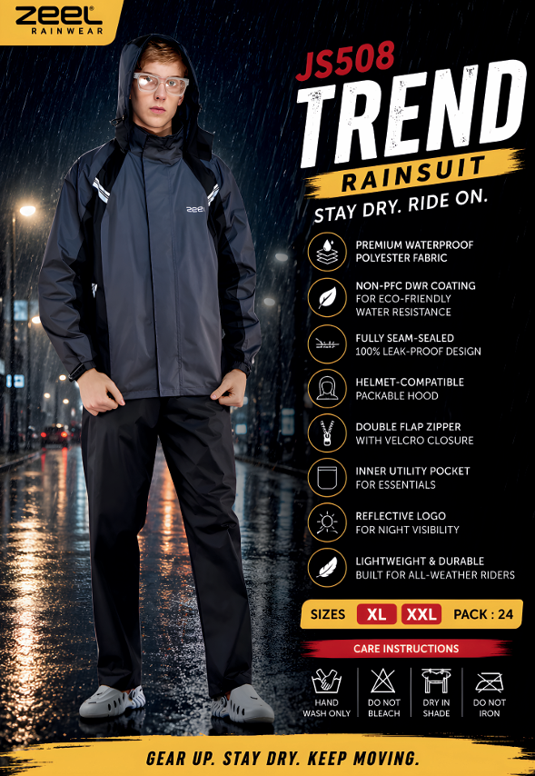 Zeel JS508 Trend Waterproof Rain Suit for Men | Seam-Sealed Riding Rainwear with Hood | Lightweight Reflective Motorcycle Rainsuit