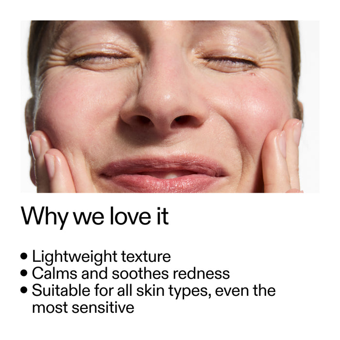 Close-up of a person's face with text highlighting  Azelaic Acid Serum benefits on a white background