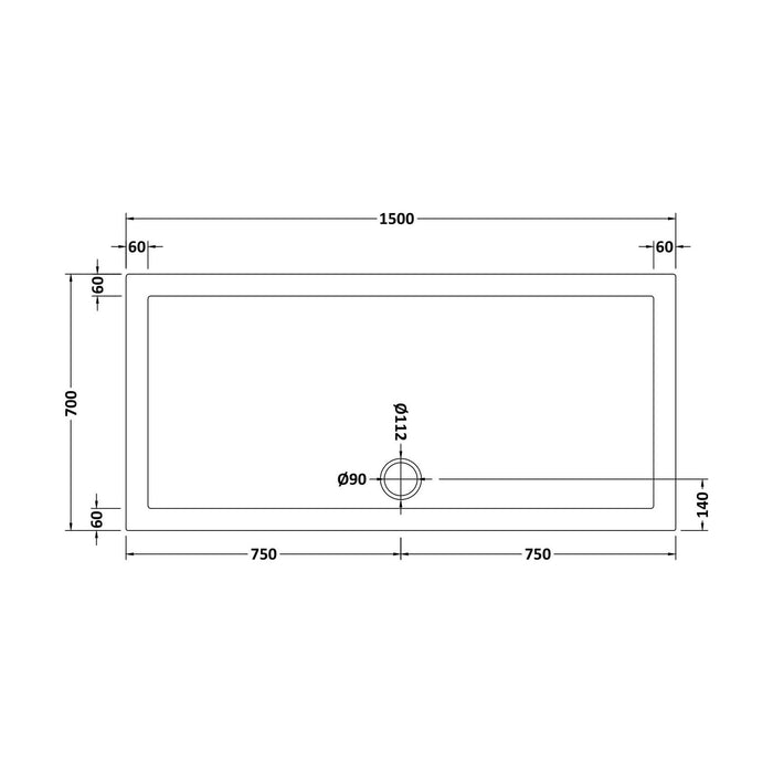 [BETR041] 1500mm x 700mm Premium Rectangular Shower Tray - White - Technical Drawing
