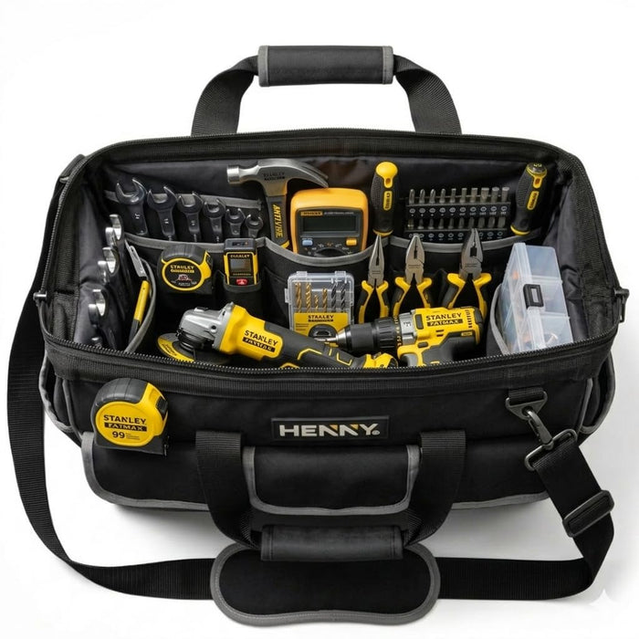 18-Inch Heavy Duty Tool Bag – 16 Pocket Waterproof Electrician & Technician Storage Organizer with Shoulder Strap