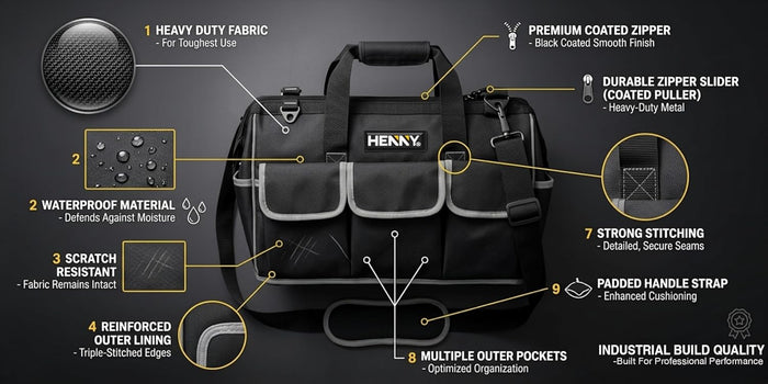 18-Inch Heavy Duty Tool Bag – 16 Pocket Waterproof Electrician & Technician Storage Organizer with Shoulder Strap
