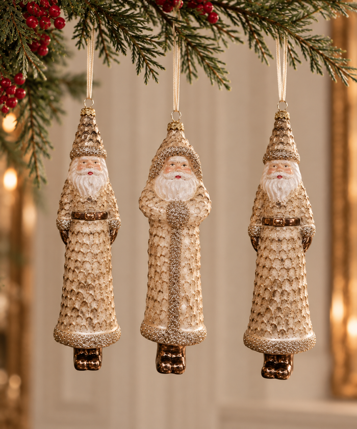 3PC GLASS PINECONE SANTA ORNAMENT SET