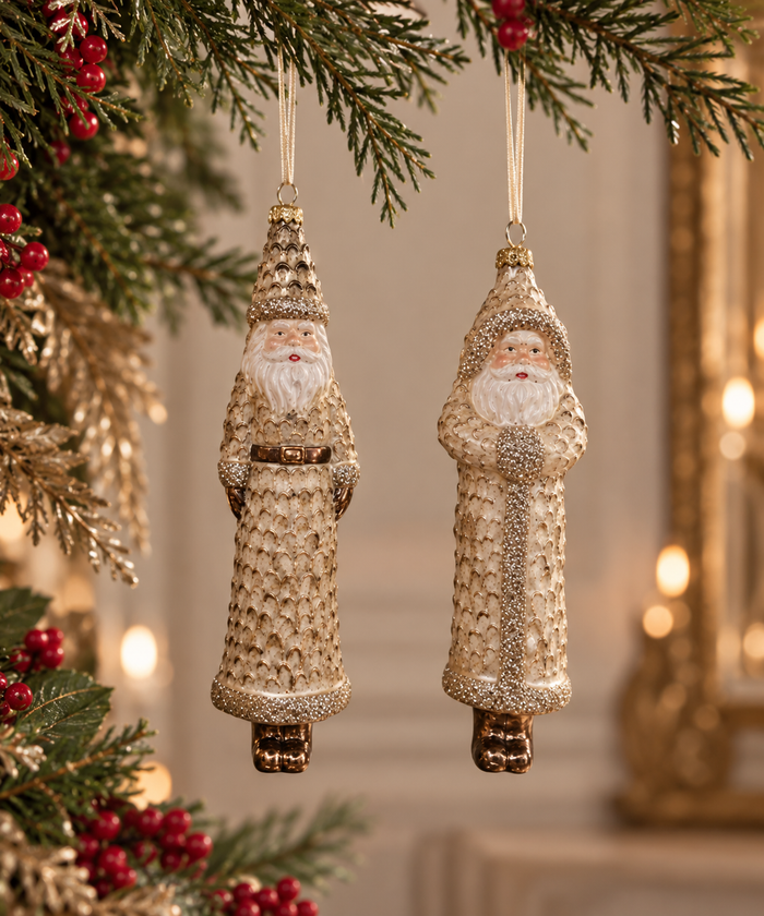 3PC GLASS PINECONE SANTA ORNAMENT SET