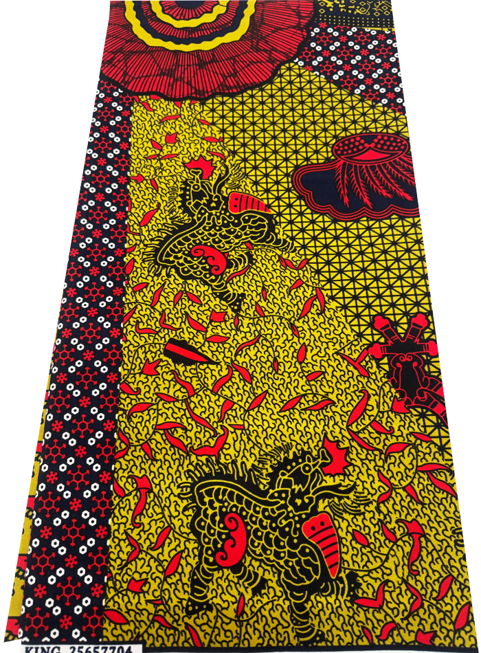 African print fabric with red, yellow, and black patterns on a white background