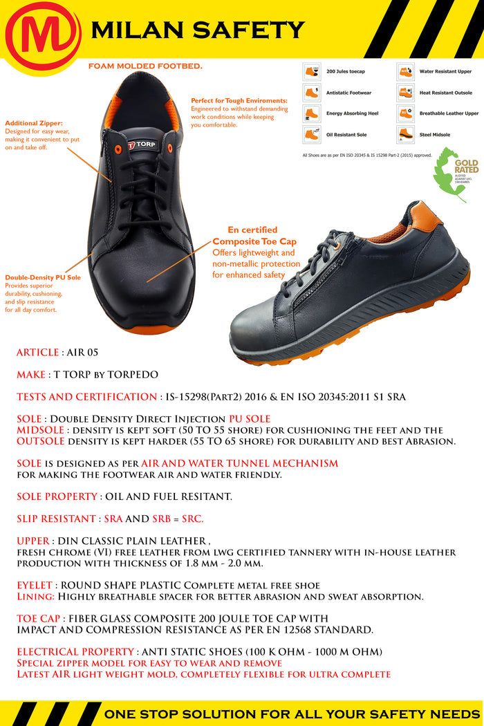 AIR 05 Safety Shoes – Composite Toe, Zipper Model, Dual Density PU Sole, Oil & Water Resistant, Lightweight & Antistatic