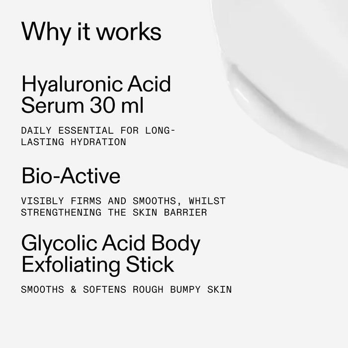 Text description of skincare products with benefits on a white background