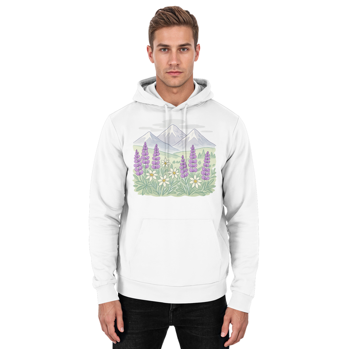 Arvenzo Alpine Bloom hoodie in Arctic White, front view showing classic unisex hoodie with a simple design.