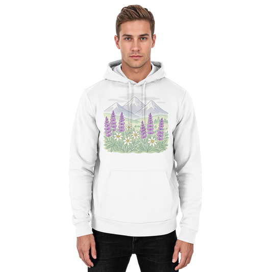 Arvenzo Alpine Bloom hoodie in Arctic White, front view showing classic unisex hoodie with a simple design.