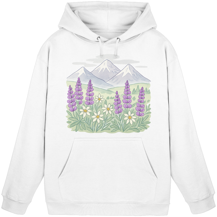 Arvenzo Alpine Bloom Hoodie in Arctic White, unisex front view showing casual hoodie with a simple design and comfortable fit.