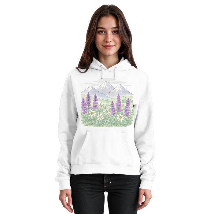 Arvenzo Alpine Bloom Hoodie in Arctic White, front view of a unisex casual hoodie with a simple design.