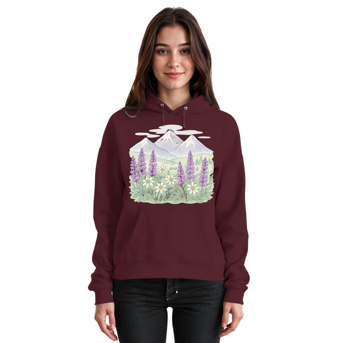 Unisex Burgundy Alpine Bloom Hoodie by Arvenzo, front view showing a cozy, stylish hoodie with a drawstring hood and ribbed cuffs.