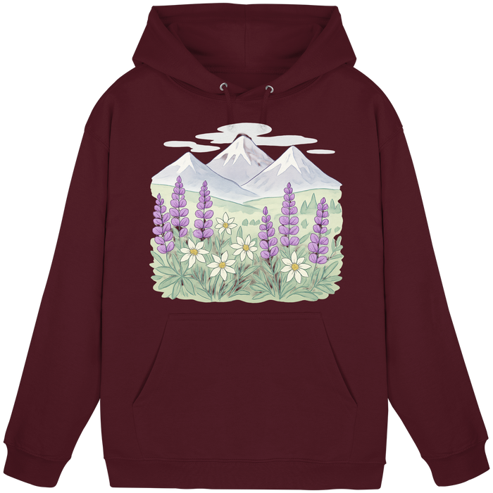 Front view of Arvenzo Alpine Bloom hoodie in burgundy, unisex design with a simple, classic fit.