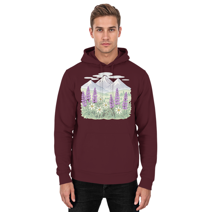 Front view of Arvenzo Alpine Bloom unisex burgundy hoodie with a simple design and soft fabric.