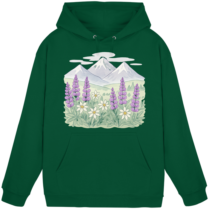 Unisex Alpine Bloom hoodie by Arvenzo in bottle green, front view showing simple design and comfortable fit.