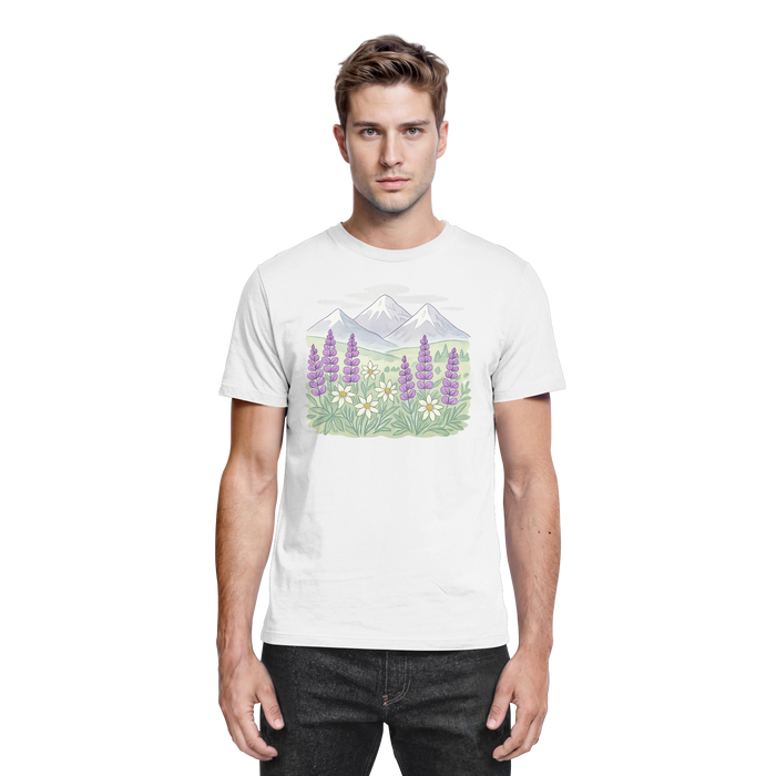Front view of Arvenzo Alpine Bloom unisex white shirt with floral design, showcasing a stylish and comfortable casual shirt.