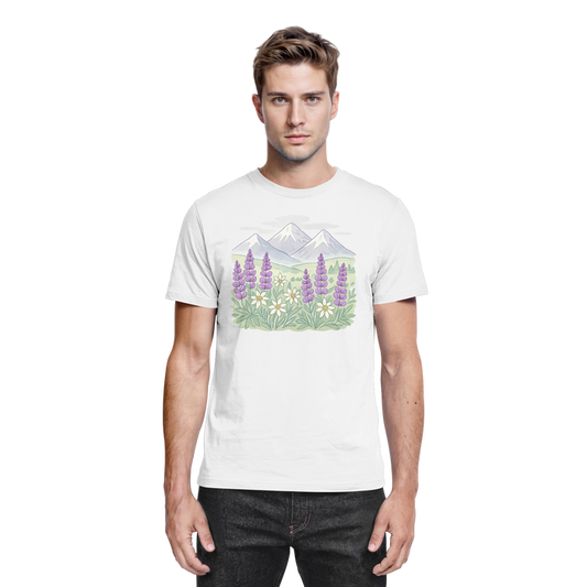 Front view of Arvenzo Alpine Bloom unisex white shirt with floral design, showcasing a stylish and comfortable casual shirt.