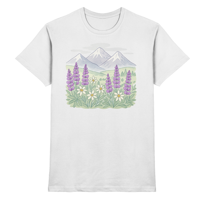 White Alpine Bloom unisex shirt by Arvenzo, featuring a front view with a stylish floral design on the chest.