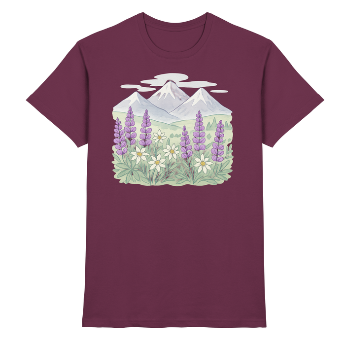 Arvenzo Alpine Bloom unisex shirt in burgundy, front view showcasing floral design and high-quality fabric.