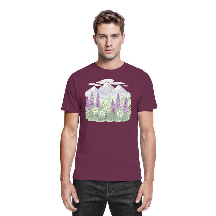 Front view of Arvenzo Alpine Bloom unisex shirt in burgundy featuring a floral design for casual wear.