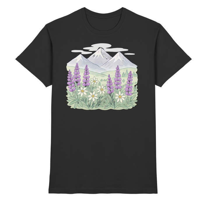 Black unisex Alpine Bloom Shirt by Arvenzo featuring a front view with a stylish floral design.