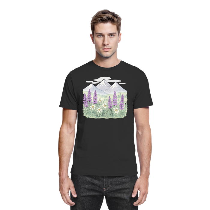 Black unisex Alpine Bloom shirt by Arvenzo, front view showing floral design and classic crew neckline.