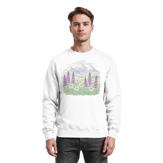 Arvenzo Alpine Bloom sweatshirt in Arctic White, front view showing cozy knit fabric and classic crewneck design.