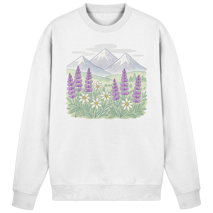 Arvenzo Alpine Bloom sweatshirt in Arctic White, front view showing cozy cotton fabric and classic crew neck design.