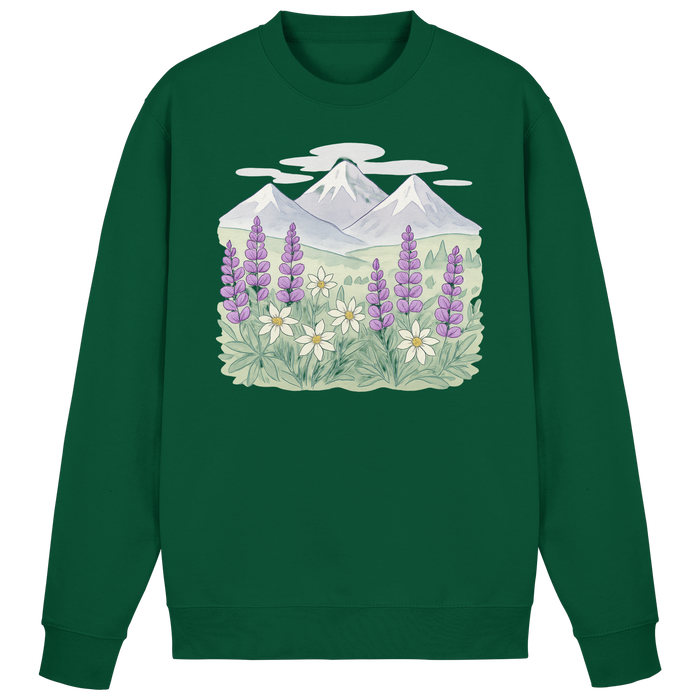 Arvenzo Alpine Bloom Sweatshirt in bottle green, front view showing a cozy crewneck design and soft fabric.