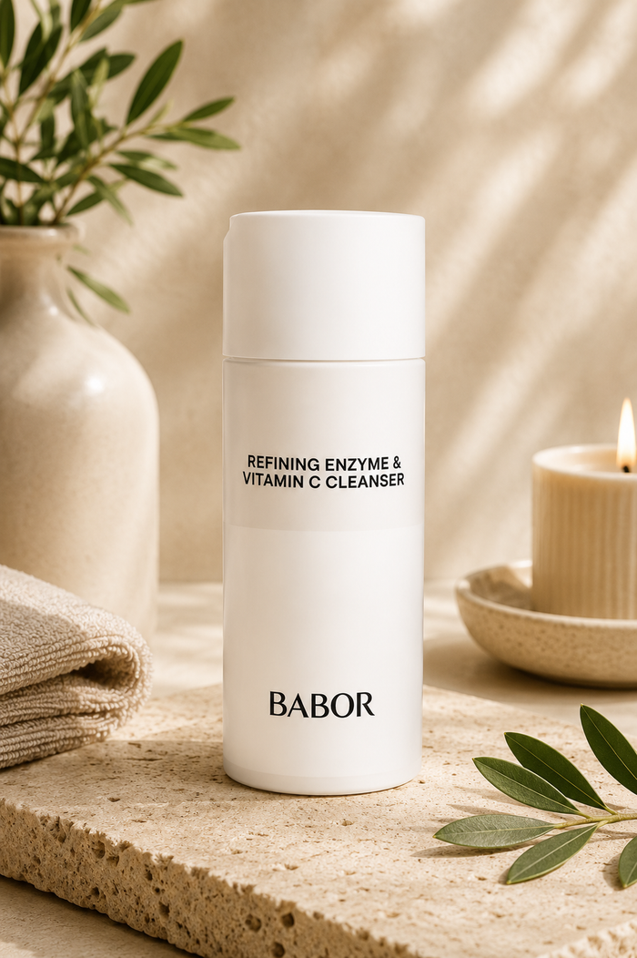 BABOR Refining Enzyme & Vitamin C Cleanser in eleganter weißer Verpackung vor modernem Spa-Hintergrund mit sanften Beige- und Cremetönen, Naturstein und stilvollen Wellness-Elementen. Hochwertige Beauty-Produktinszenierung mit cleanem Luxus-Look und entspannender Spa-Atmosphäre.